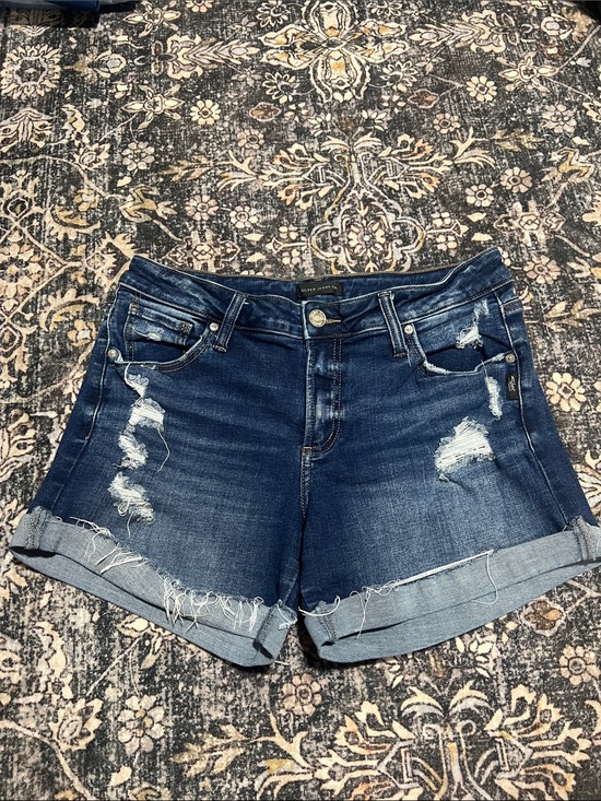 Silver Jeans Pants - Silver Jeans High-Rise Distressed Roll-Cuff Denim Shorts - Dark Blue